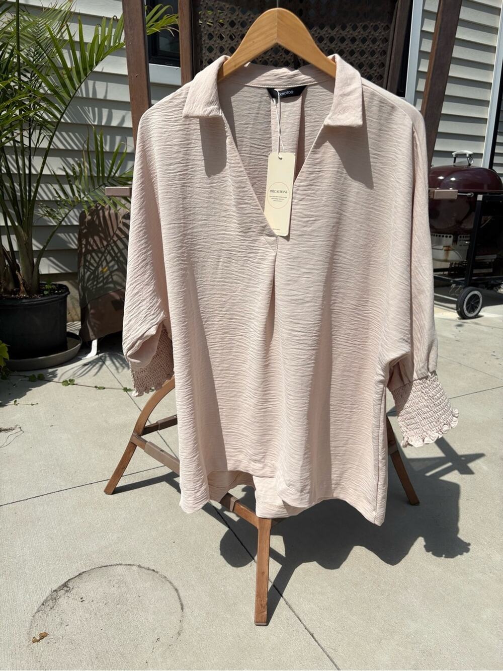 Dokotoo Light Beige V-Neck Textured Blouse with Smocked Cuffs- size L